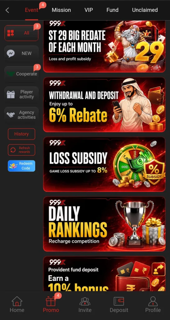 999sx withdraw and deposit reward